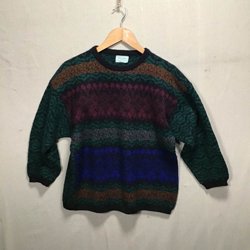 Vintage Benetton Made in Italy Fair Isle Geometric Crewneck Sweater Green Mens L